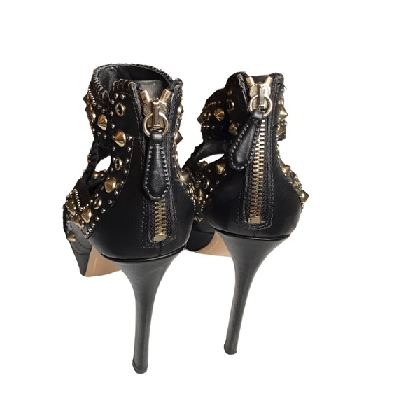 Stella Luna Y2K 37.5 7 US Black Leather Gold Studded Zip Strappy Stiletto Heels - Picture 7 of 12